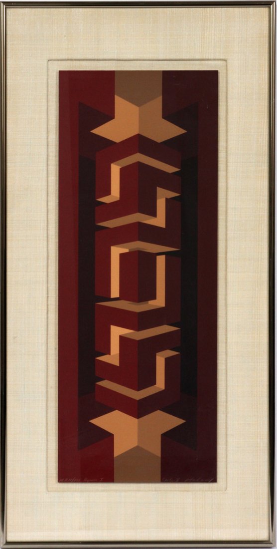 BRIAN HALSEY SERIGRAPH DYNON 1 MUSEUM PROOF #2/7: BRIAN HALSEY, SERIGRAPH, "DYNON 1", MUSEUM PROOF, #2/7, H 23", W 9":Color state 5. Trimmed & India ink edged by the artist. Float framed and pencil signed. Image 22 3/4" x 8 3/4".
