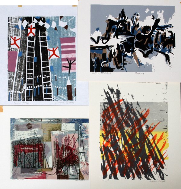 W STEVENS C CARIEL L NAEVE G MACCOY SILKSCREENS: WITT STEVENS, CLAUDIA CARIEL, LOWELL NAEVE, GUY MACCOY, SILKSCREEN PRINTS, ABSTRACTS:11" x 8", 7" x 9", 8" x 10", 10" x 8"; signed; unframed.