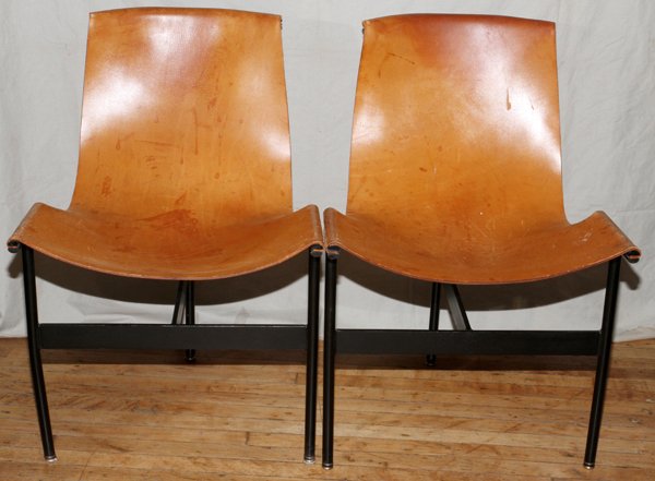 LAVERNE STYLE "T" CHAIRS SET OF 4: LAVERNE STYLE "T" CHAIRS SET OF 4:Brown leather slings. Black enamel frames. Designed by William Katavolos, Ross Littell, and Douglas Kelley for Laverne