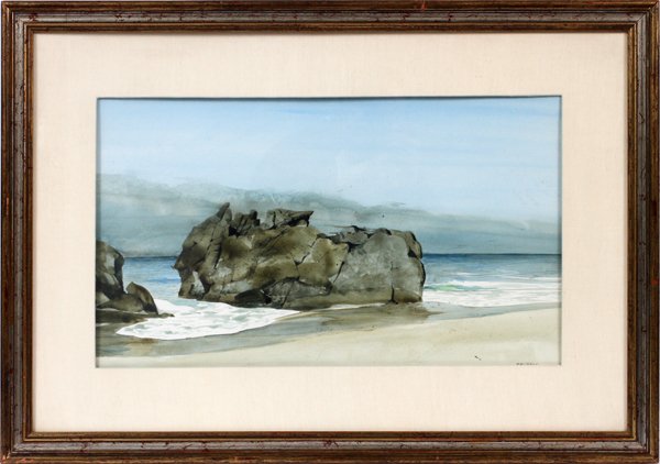 DAVID LIGARE WATERCOLOR, "FOG BANK PACIFIC GROVE": DAVID LIGARE (AMER. B 1945), WATERCOLOR, H 13", W 23", "FOG BANK PACIFIC GROVE":depicts a seascape with a large boulder on the shoreline and entitled: "Fog Bank - Pacific Grove". Framed and matted. AC