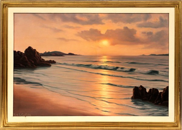 ROGER DE LA CORBIERE, OCEAN SCENE, PACIFIC AT SUNSET: ROGER DE LA CORBIERE (FR. 1893-1974), H 35", W 23", OCEAN SCENE, PACIFIC AT SUNSET:depicts a seascape of the Pacific ocean with a setting sun. gilt wood frame, signed lower left.