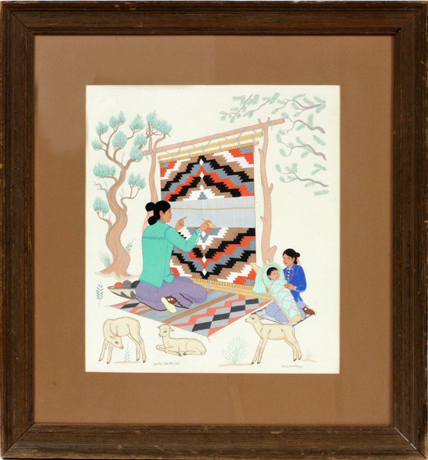 HARRISON BEGAY GOUACHE: HARRISON BEGAY, GOUACHE, H 17", W 14", 'HASKAY YAHNE YAH':Lady weaver in outdoors. Paper size is 17" x 14". Framed and matted under glass.