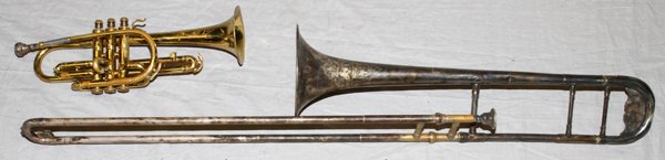 BUESCHER BRASS & SILVER PLATED TRUMPET &TROMBONE: VINTAGE BUESCHER BRASS & SILVER PLATED TRUMPET AND TROMBONE, 2 PCS, L 17"-26":Includes one brass trumpet, made in Elkhart, IN, serial #64653, measuring L. 17"; and one Grand model silver plated trombo