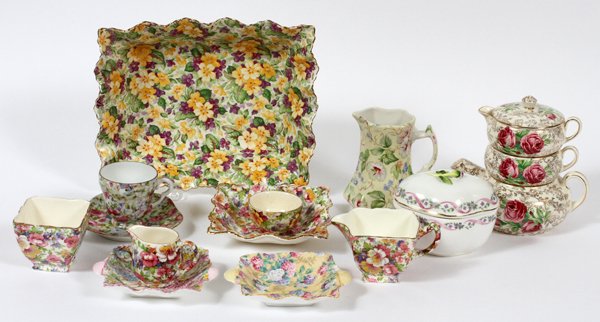 JAMES KENT FLORAL PORCELAIN WARE 13 PCS: JAMES KENT FLORAL PORCELAIN WARE, 13 PCS, ASSORTED:James Kent porcelain ware includes 1 "Primula" scalloped edge dish at 9", 1 "Rosita" stacking teapot, with three tiers, at 6", 5 "Du Barry" porcelain