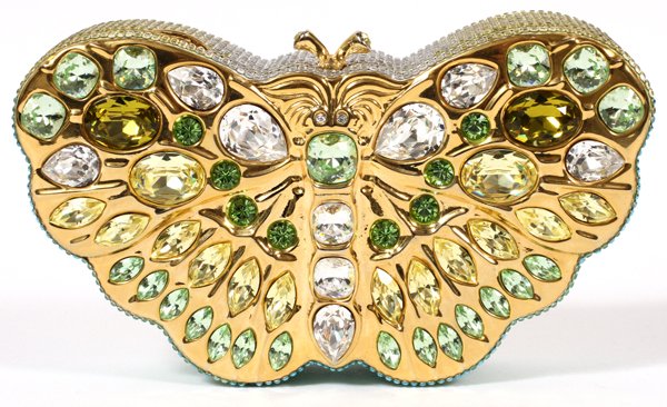 JUDITH LEIBER BUTTERFLY MINAUDIERE: JUDITH LEIBER BUTTERFLY MINAUDIERE, W 6":Gold tone butterfly with multicolor crystals, antennae push button opens to gold leather lining and mirror. Stamped: Leiber, New York. Measures W. 6" x 3" (7"