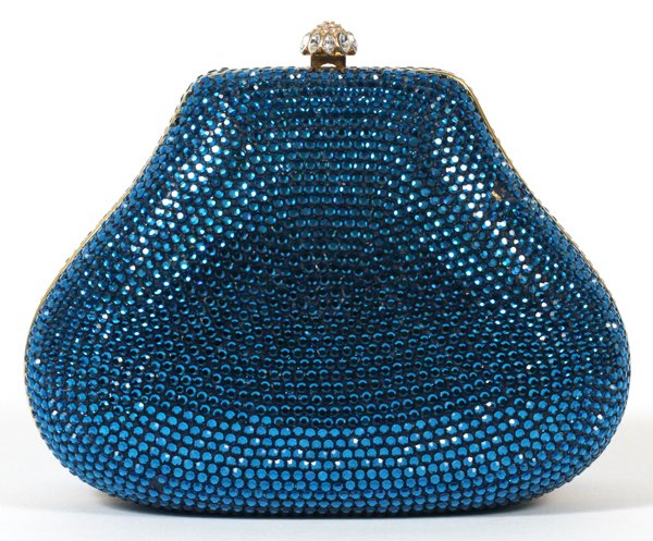 JUDITH LEIBER BLUE MINAUDIERE: JUDITH LEIBER BLUE MINAUDIERE, W 6 1/2":Full bead blue crystal in chatelaine shape, with crystal flower push button that opens to gold leather lining. Stamped: Judith Leiber, New York. Measures W. 6 1