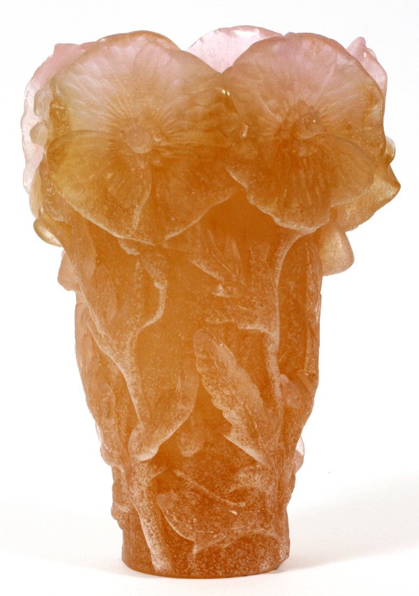 DAUM PATE DE VERRE VASE: DAUM PATE DE VERRE VASE, H 6.5":Molded flowers in tangerine with pink upper rim, signed "Daum France".