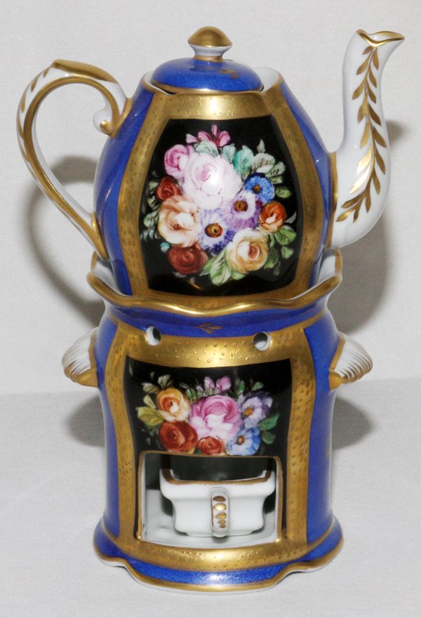 PARIS PORCELAIN VEILLEUSE 19TH C.: PARIS PORCELAIN VEILLEUSE, 19TH C., H 8":Cobalt porcelain teapot on stand with separate burner, hand painted with floral sprays on a black ground, bordered in fired gold, Sevres style mark underneath 