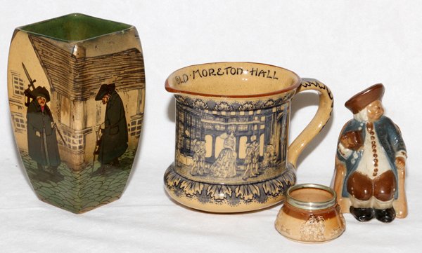 ROYAL DOULTON & LAMBETH VASE PITCHER SALT & ASHPOT: ROYAL DOULTON & LAMBETH VASE, PITCHER, SALT & 'ARMCHAIR TOBY' ASHPOT, H 1 1/2"-6":Including 1 Series Ware vase, D2159, H.6"; 1 Old Moreton Hall pitcher; 1 Lambeth stoneware "Armchair Toby" figural ash