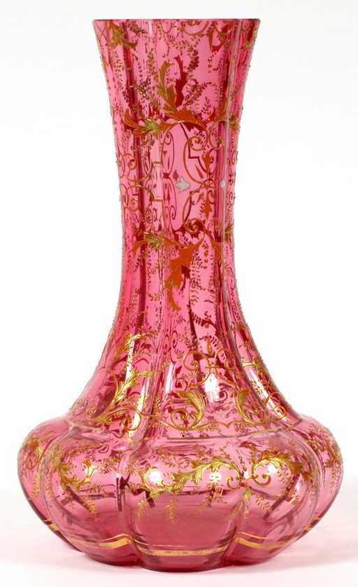 Moser Style Enameled Cranberry Gl Vase Moser Style Enameled Cranberry Gl Vase See Sold Price
