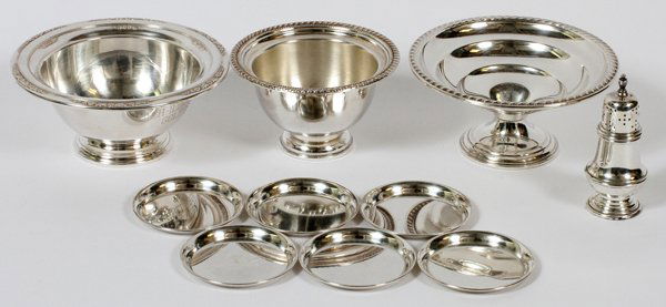 AMERICAN STERLING TABLE WARE MID 20TH C. TEN PIECES: AMERICAN STERLING TABLE WARE, MID 20TH C., TEN PIECES:Including 1 International "Courtship" bowl, inscribed and dated 1951, H.2 3/4", Dia.6"; 2 weighted bowls, Dia.4 3/4" and 6"; a set of 6 Baldwin &