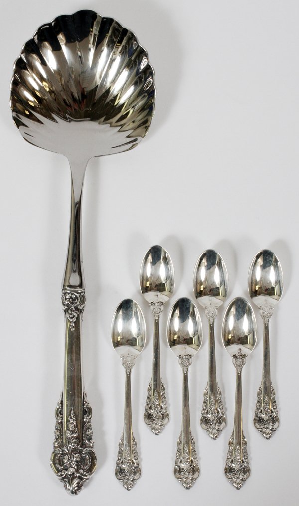 WALLACE 'GRAND BAROQUE' STERLING CASSEROLE SPOON: WALLACE 'GRAND BAROQUE' STERLING CASSEROLE SPOON & DEMI TASSE SPOONS (6), L 10 1/2":Including 1 casserole spoon with sterling silver handle and stainless shell bowl, L.10 1/2", and a set of 6 sterling