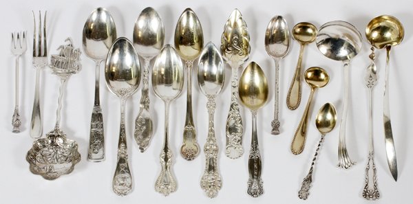 AMERICAN FRENCH & ENGLISH STERLING FLATWARE: AMERICAN, FRENCH & ENGLISH STERLING FLATWARE ASSORTMENT, 19TH-MID 20TH C., 16 PIECES:Sterling silver includes, by Gorham, 1 lemon fork, 1 "Piper" teaspoon, engraved name and 1885, 1 "Zodiac" Taurus te