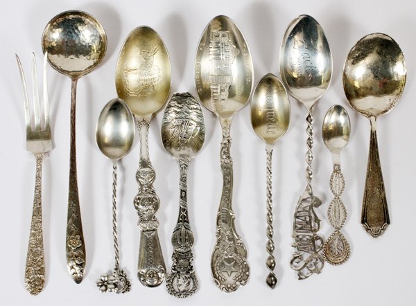 STERLING LEMON FORK LADLE & SOUVENIR SPOONS: STERLING LEMON FORK, LADLE & SOUVENIR SPOONS, EARLY 20TH C., TEN PIECES,:Sterling silver includes 1 Alvin "Bridal Bouquet" lemon fork; 1 Gorham "Cherry Blossom" sauce ladle, L.5 1/2"; 1 with pansy tip