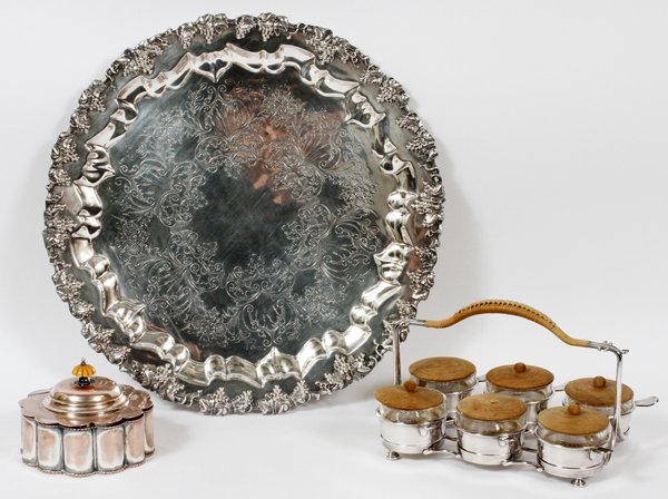 SILVERPLATE TRAY RAMEKINS CADDY ASPREY ASHTRAY: SILVERPLATE TRAY, RAMEKINS, CADDY, & ASPREY PORTABLE ASHTRAY, L 10":Including 1 round silverplate tray with vintage design, Dia.17"; 1 tea caddy or sugar box with hinged cover; 1 silverplate ramekin f