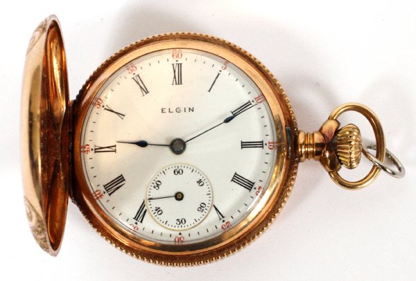 ELGIN NATL. WATCH CO. 14KT GOLD POCKET WATCH: ELGIN NATL. WATCH CO., 14KT GOLD POCKET WATCH, C. 1905, DIA 1 1/4":Elgin National Watch Co., USA. 14kt yellow gold pocket watch, #12044693. Engraved at interior back cover, "Christmas, 1905, Mrs. F.A.