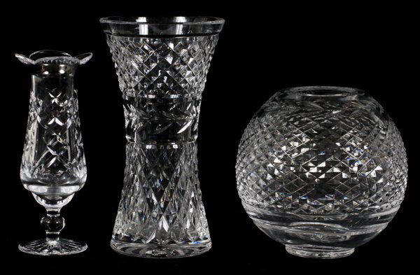 WATERFORD CRYSTAL VASES THREE: WATERFORD CRYSTAL VASES, THREE, H 6"-8":Including 1 bud vase, H.6 3/4", 1 vase, H.8", and 1 "Elena" rose bowl, H.5 3/4".
