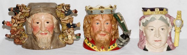 ROYAL DOULTON PORCELAIN CHARACTER JUGS: ROYAL DOULTON PORCELAIN CHARACTER JUGS (3), H 7 1/4"-7 1/2":Including "Geoffrey Chaucer" D7029, "King Arthur" D7055, and "Queen Victoria" D6816.