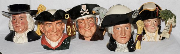 ROYAL DOULTON PORCELAIN CHARACTER JUGS: ROYAL DOULTON PORCELAIN CHARACTER JUGS (5), H 6 1/2"-7 1/4":Including "Mr. Quaker" D6738, "Night Watchman" D6569, "Long John Silver" D6335, "George Washington" D6669, and "Captain Bligh" D6967.