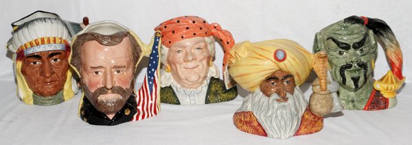 ROYAL DOULTON PORCELAIN CHARACTER JUGS: ROYAL DOULTON PORCELAIN CHARACTER JUGS (5), H 7"-7 1/2":Including "Sitting Bull/Custer" D6712, "The Civil War: Ulysses S. Grant/Robert E. Lee" D6698, "The Fortune Teller" D6874, "The Snake Charmer" D6