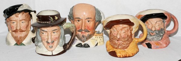 ROYAL DOULTON PORCELAIN CHARACTER JUGS: ROYAL DOULTON PORCELAIN CHARACTER JUGS (5), H 6 1/2"-7":Including "Sir Francis Drake" D6805, "Izaak Walton" D6404, "William Shakespeare" D6689, "Falstaff" D6795, and "Falstaff" D6287.