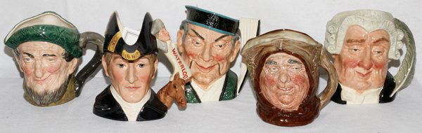 ROYAL DOULTON PORCELAIN CHARACTER JUGS: ROYAL DOULTON PORCELAIN CHARACTER JUGS (5), H 6"-7 1/2":Including "Auld Mac" D5823, "Duke of Wellington" D7170, "The Mikado" D6501, "Friar Tuck", and "The Lawyer" D6498.