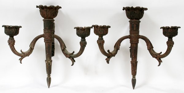 FRENCH STYLE BRONZE THREE-LIGHT SCONCES PAIR: FRENCH STYLE BRONZE THREE-LIGHT SCONCES, PAIR, H 14", W 13 1/2":Acanthus leaf motifs. Torch form back plate. Three candle arms.