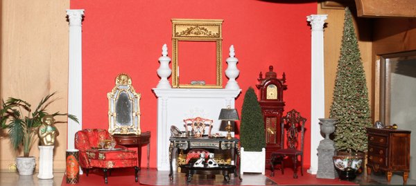 MINIATURE FURNITURE, ACCESSORIES LIVINGROOM SETTING: MINIATURE FURNITURE & ACCESSORIES, 30 PIECES, LIVING ROOM SETTING:Approximately 30 pieces, including a chaise, columns, tall case clock, mirror, metal ware, and more.