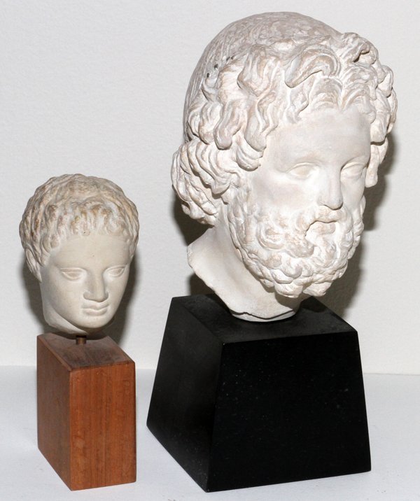 CLASSICAL STYLE CERAMIC BUSTS TWO: CLASSICAL STYLE CERAMIC BUSTS, TWO, H 7 1/2" & 11 1/2":Both are made by Alva Studios for the Museum of Fine Arts, Boston, and the British Museum, London. Raised on wooden plinths, measuring H. 7 1/2"