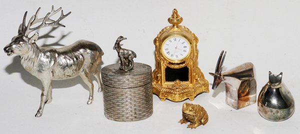 METAL DECORATIVES SIX: METAL DECORATIVES, SIX, H 1"-4 1/2":Including one gilt metal figure of toad by Karen Callan, two Dansk figures of animals, one Italian box and desk clock, and one reindeer, made in Japan.