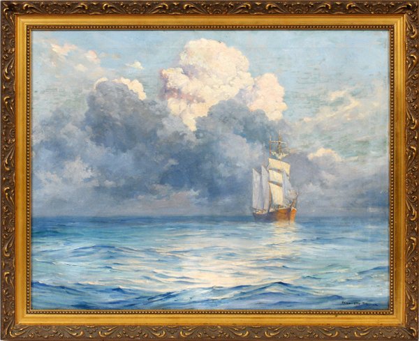 ANTON OTTO FISCHER OIL ON CANVAS: ANTON OTTO FISCHER, OIL ON CANVAS, H 22", L 28", "APPROACHING STORM":Anton Otto Fischer [American 1882 - 1962]. Depicting clipper ship sailing in a calm sea with a troubled sky.