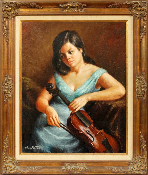 VALERO MONTORO OIL ON CANVAS, GIRL WITH VIOLIN: VALERO MONTORO OIL ON CANVAS, H 30", L 24", GIRL WITH VIOLIN:Juan Valero Montoro [SPANISH, B. 1923]. Depicting a seated young woman holding a violin. Signed lower left and framed.