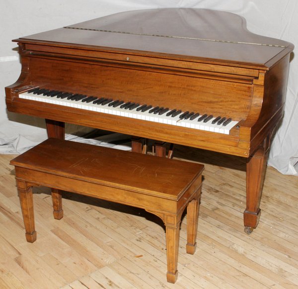 STEINWAY & SONS MAHOGANY BABY GRAND PIANO 1917: STEINWAY & SONS MAHOGANY BABY GRAND PIANO, 1917, H 38'', L 57'', D 70'':Serial # 179627, with bench. One key stays in depressed position. Ivory keys/pm