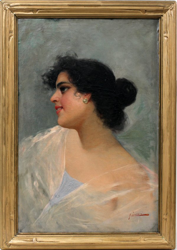 FORLENZA OIL ON CANVAS C. 1900, ITALIAN MODEL: FORLENZA, OIL ON CANVAS, C. 1900, ITALIAN MODEL 29" X 18",:Signed lower right; oil on canvas laid down on board; framed. Probably Eduardo (Edoardo) Forlenza (Italian 1861-1934) but could be Domenico F