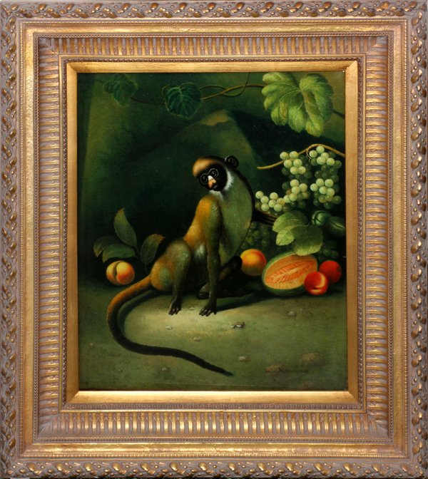 NICHOLAS CONTINENTAL STYLE OIL ON CANVAS: NICHOLAS, CONTINENTAL STYLE OIL ON CANVAS, 24" X 20":In the Continental style, a Contemporary decorative work, depicting a monkey among fruit. Signed lower right. Framed.