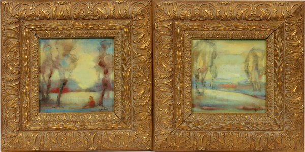 ANN CULLEN OIL ON CANVAS TWO, LANDSCAPES: ANN CULLEN OIL ON CANVAS, TWO, H 9.25", L 9.25" LANDSCAPES:Done in the impressionist style and depicting Summer landscapes, one with a female figure seated by a tree. Each nicely framed.