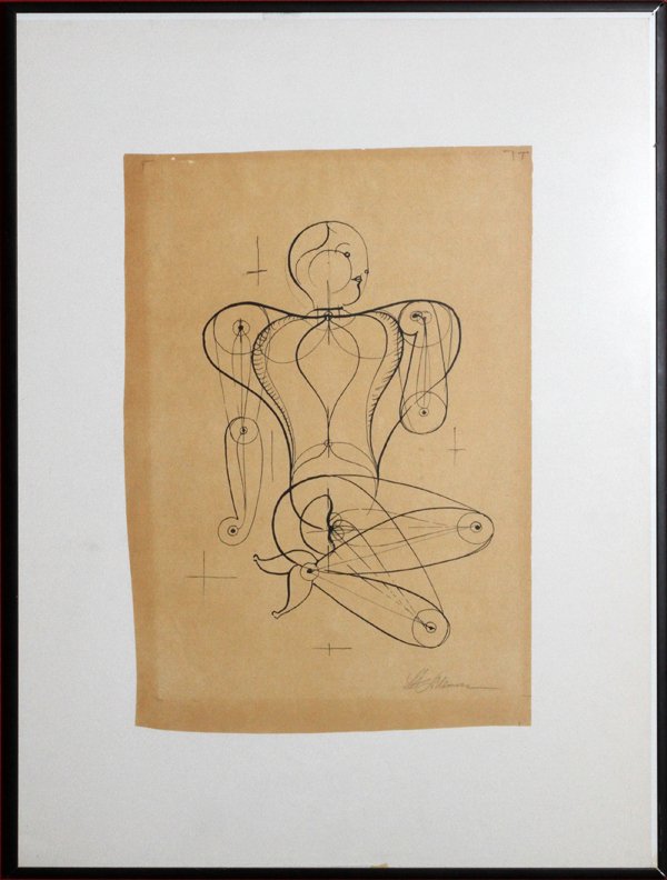 HUEMMER, ROBOT FIGURE PRINT: HUEMMER, ROBOT FIGURE PRINT, H 16" W 11" PAPER SIZE:Pencil signed at the lower right. Depicting seated figure of robot. Measuring H. 16" x 11" paper size. Framed under glass.