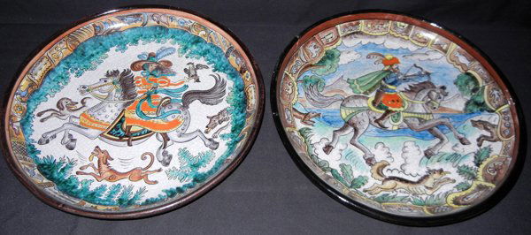 ZULOW POTTERY PLATES 1956 2 PCS.: ZULOW POTTERY PLATES, 1956, 2 PCS., DIA 16'':one signed. Zulow 1956. colorful hunting scenes depicting male and female figures on horse back and dogs.