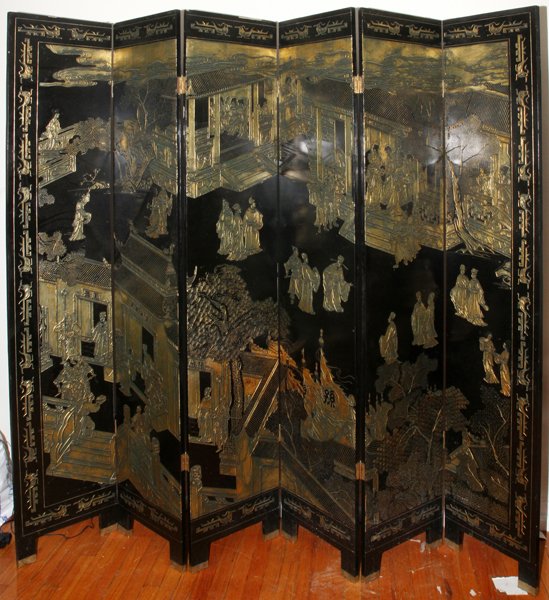 CHINESE BLACK LACQUER SIX-PANEL SCREEN: CHINESE BLACK LACQUER SIX-PANEL SCREEN, H 84", W 96":Continuous scene with figures on a terrace and in the garden. Measures H. 84", with each panel measuring W.16".
