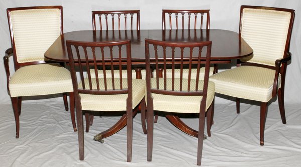 MAHOGANY DINING ROOM SET 8 PIECES: MAHOGANY, DINING ROOM SET, 8 PIECES:One dining table with two leaves, Six chairs four side chairs with slatted back rests and upholstered cushions, two arm chairs with upholstered back rest and seat.