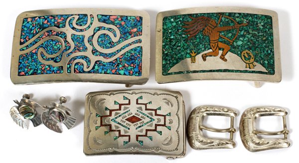 NAKAI NAVAJO SILVER INLAYED BUCKLES AND EARRINGS: NAKAI, NAVAJO SILVER INLAYED BUCKLE, PLUS TWO SMALL BUCKLES(2) AND EARRINGS, 6 PCS.:6 items, bird form earrings, sterling with abalone; two small buckles, three large buckles, about 2" x 3", 43 grams,