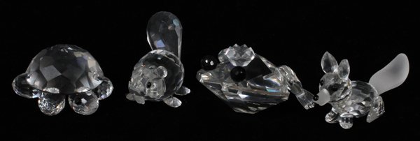 SWAROVSKI CUT CRYSTAL FROG TURTLE FOX AND BEAVER: SWAROVSKI CUT CRYSTAL FROG, TURTLE, FOX AND BEAVER, 4 PCS. H 1" - 2"+:includes a miniature frog, turtle, fox and beaver all with boxes.