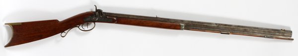 PENNSYLVANIA RIFLE WORKS .40 CAL HALF-STOCK C.1850: PENNSYLVANIA RIFLE WORKS, .40 CAL. DOUBLE SET TRIGGER, HALF-STOCK RIFLE, C. 1850, L 33" BBL:Having three ramrod thimbles, the last of which is brass; a scroll form trigger guard, set trigger; octagona