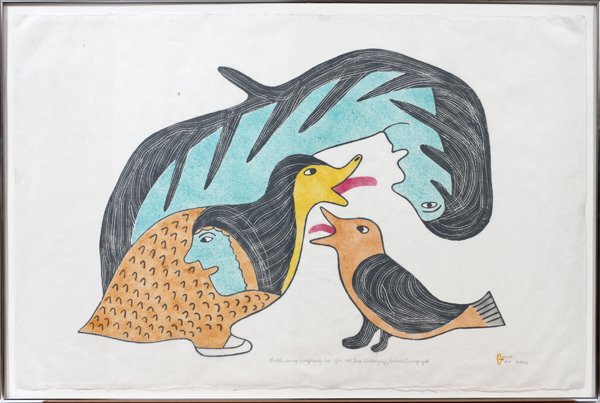 WINNA OWINGAYAK/ IRENE AVAALAAQIAQ INUIT PRINT: WINNA OWINGAYAK/ IRENE AVAALAAQIAQ, INUIT STONE CUT PRINT, "BIRD SWALLOWING TRANSFORMING FISH":Image size 20'' x 29''; #19/40; pencil signed, titled and dated 1988 on bottom; framed.
