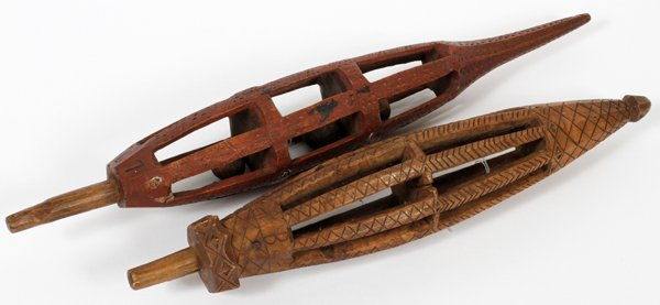 NORTHWEST COAST CARVED WOOD RATTLES 1867 TWO: NORTHWEST COAST CARVED WOOD RATTLES 1867 TWO, H 18" & 15":one has date 1867 and three balls