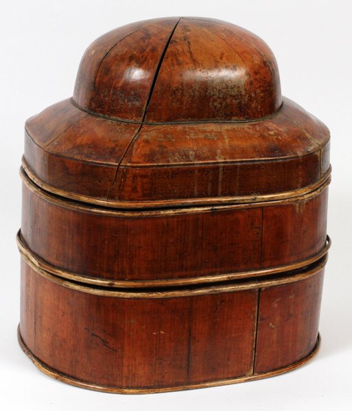 CHINESE HAT BOX: CHINESE HAT BOX, H 16", W 14":Having two tiers. Measuring H. 16" x 14" x 12".
