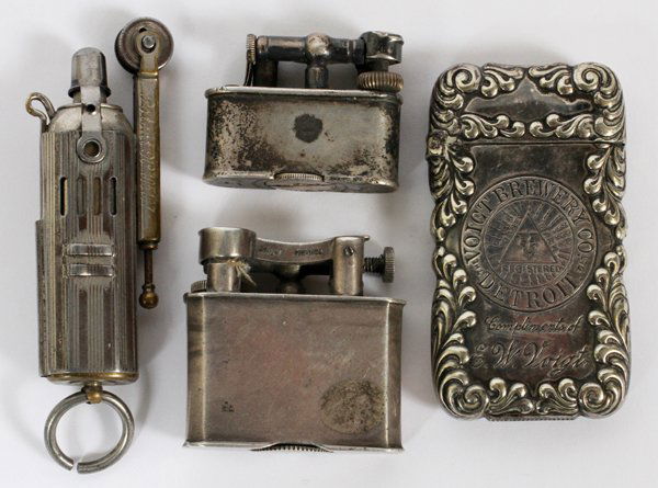 MEXICAN SILVER LIGHTERS VOICT BREWING MATCH SAFE 4: DUNHILL, MEXICAN SILVER, IMCO LIGHTERS, VOICT BREWING CO. MATCH SAFE FOUR:Voict Brewing Co. Detroit, match safe plus three additional lighters.
