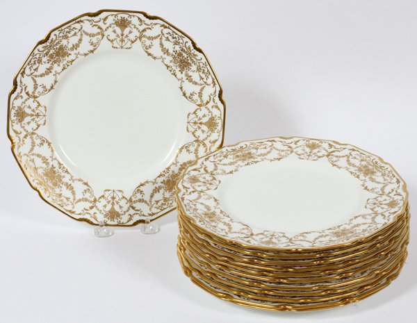 ROYAL DOULTON PORCELAIN SERVICE PLATES TWELVE: ROYAL DOULTON PORCELAIN SERVICE PLATES, TWELVE, DIA 10.5":Elegant set of 12 service plates with raised gold decoration, hand numbered HB 5295.- E 2411. From a prominent Ann Arbor, Mi. estate.