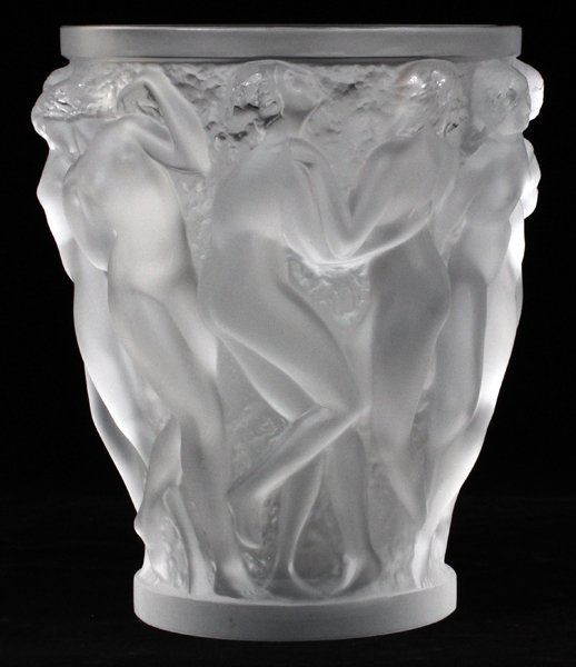 LALIQUE 'BACCHANTES' CRYSTAL VASE: LALIQUE 'BACCHANTES' CRYSTAL VASE, DIA 7 1/2":Frosted glass vase, molded with female nudes in relief. Etch signed at base, "Lalique, France". Measuring H. 9 1/2" x 7 1/2".