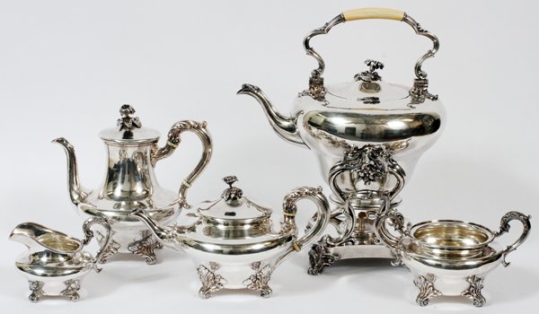 ENGLISH SHEFFIELD PLATE TEA & COFFEE SET 19TH C.: ENGLISH SHEFFIELD PLATE TEA & COFFEE SET, 19TH C., FIVE PIECES:Including 1 teapot, H.6", 1 coffee pot, H.8 1/2", 1 hot water kettle on stand, H.15", 1 creamer and 1 sugar bowl; each piece is stamped w